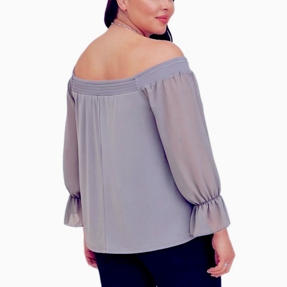 TORRID Smocked Off Shoulder Sheer Top Size 4X Grey Long Sleeves Balletc… - Picture 2 of 7